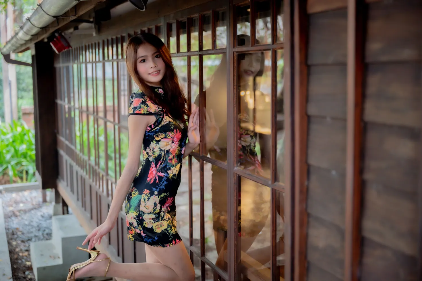 [Mzsock] NO.202 He Jiaxin black flower short cheongsam stockings high heels beautiful legs street photography#[97P]-20